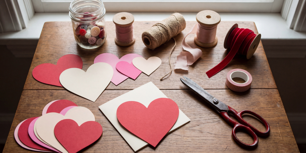 cutouts of pink, red and white hearts next to scissors, ribbon and buttons